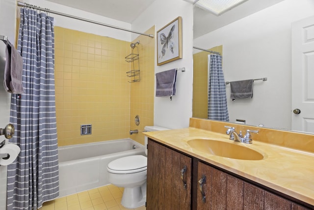 full bathroom with shower / bath combo, tile patterned flooring, vanity, and toilet