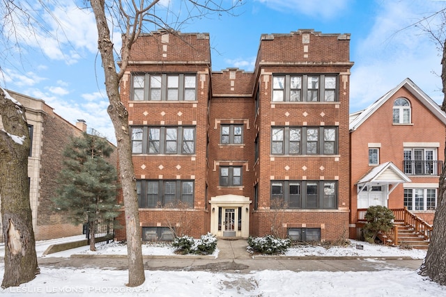 view of snow covered building