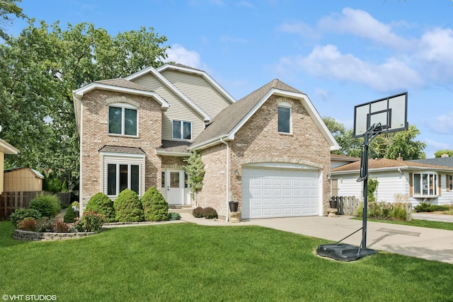 front facade featuring a garage and a front lawn