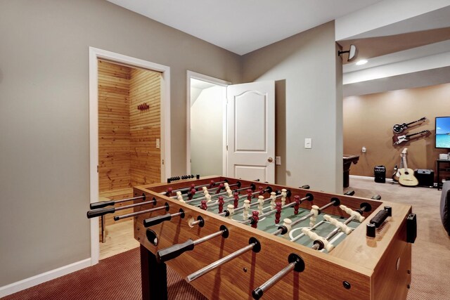 playroom with light carpet and pool table