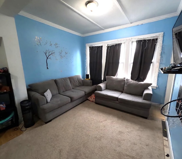 carpeted living room with crown molding