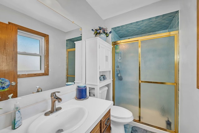 bathroom featuring an enclosed shower, vanity, and toilet