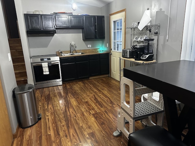 kitchen featuring sink, dark wood-type flooring, and stainless steel range with electric cooktop