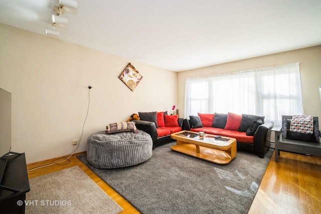 living room with baseboards and wood finished floors