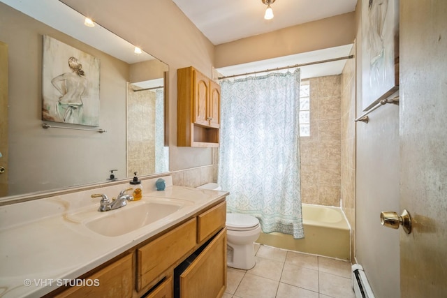 bathroom with vanity, shower / bath combo with shower curtain, a baseboard heating unit, tile patterned floors, and toilet