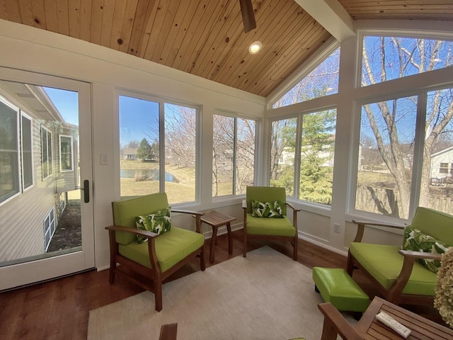 sunroom / solarium featuring wooden ceiling and lofted ceiling with beams