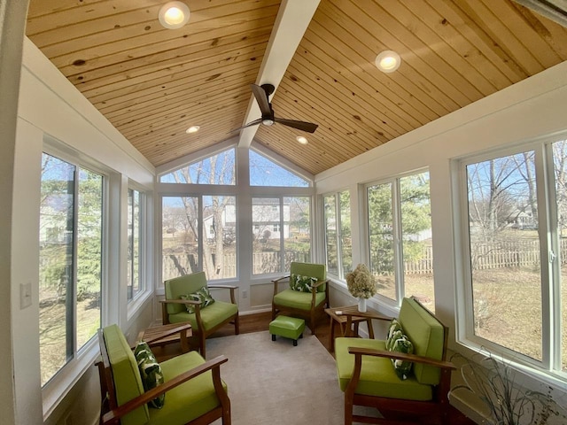 sunroom with vaulted ceiling with beams, wooden ceiling, and a ceiling fan