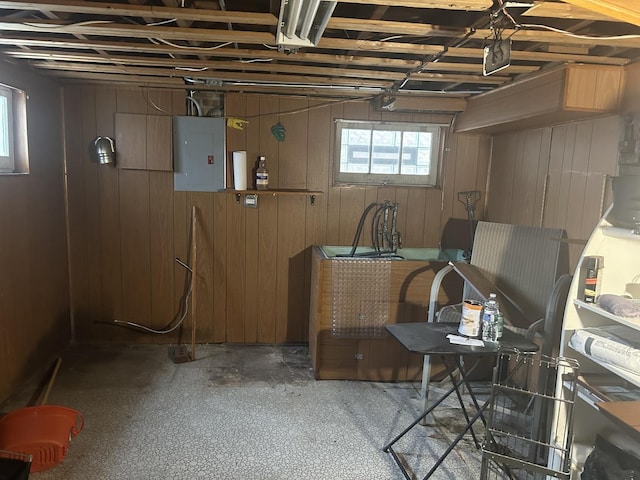 basement with electric panel and wood walls