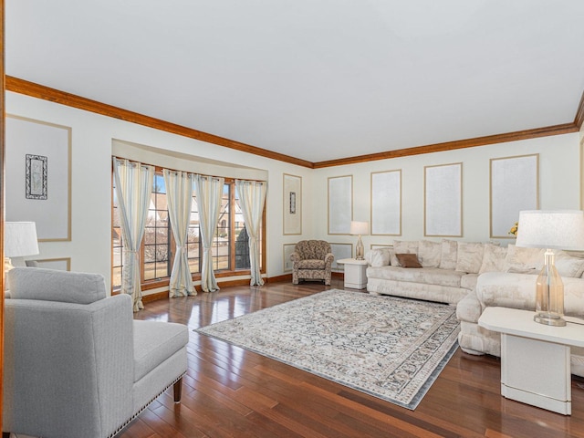 living room featuring ornamental molding and dark wood-type flooring