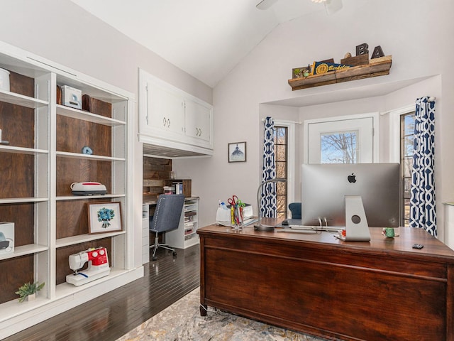 office space with lofted ceiling and wood finished floors