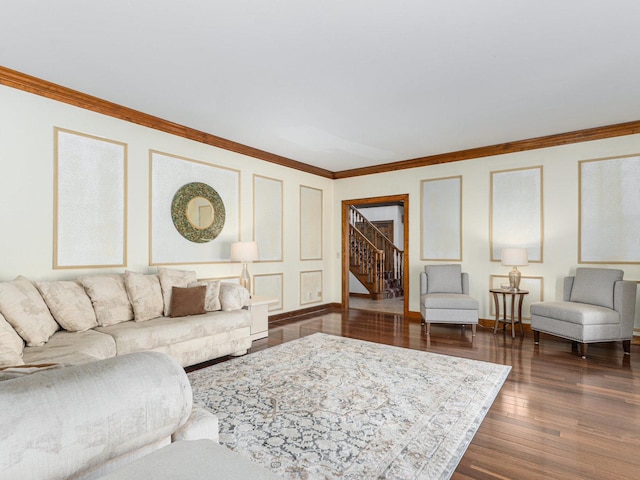 living area featuring stairs, baseboards, dark wood finished floors, and crown molding