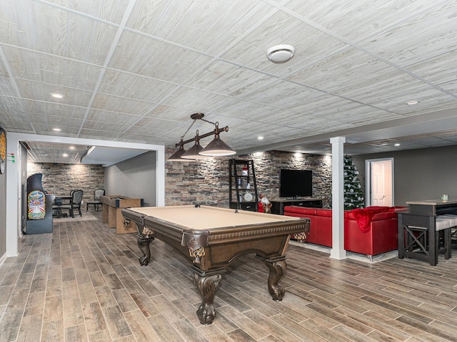 rec room featuring pool table, wood finish floors, and recessed lighting