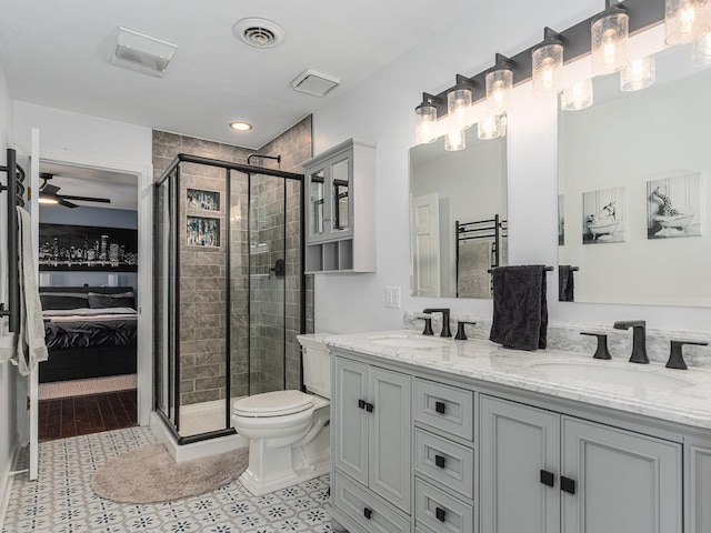 full bath with ensuite bath, visible vents, a sink, and a shower stall