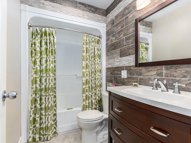 bathroom featuring tile walls, shower / bathtub combination with curtain, decorative backsplash, toilet, and vanity