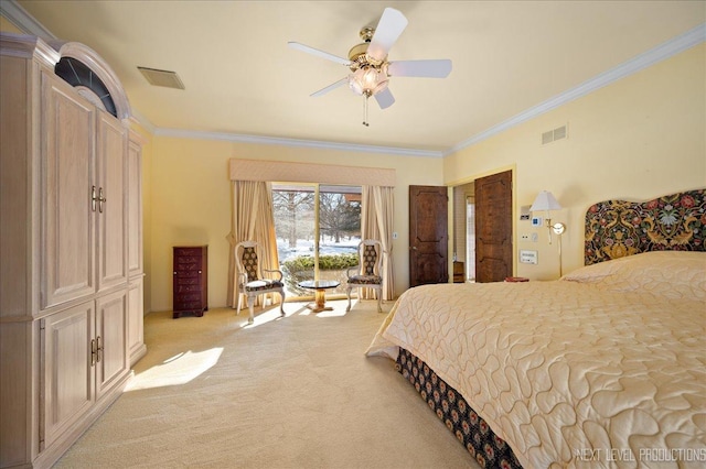 bedroom featuring light carpet, access to exterior, visible vents, and crown molding