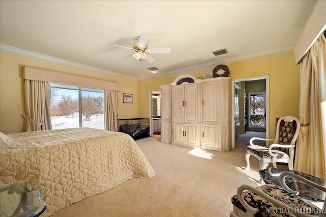 bedroom with visible vents, a ceiling fan, light colored carpet, ornamental molding, and access to outside