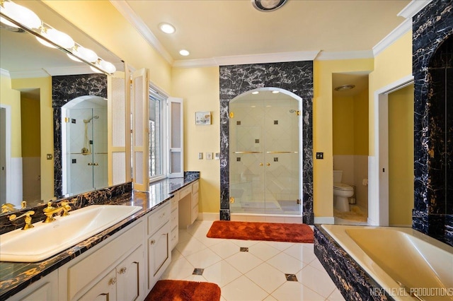 full bath with a stall shower and ornamental molding