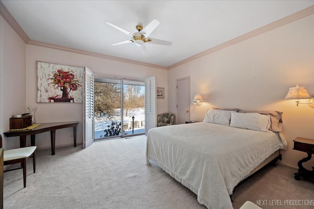 carpeted bedroom with a ceiling fan, access to outside, ornamental molding, and baseboards