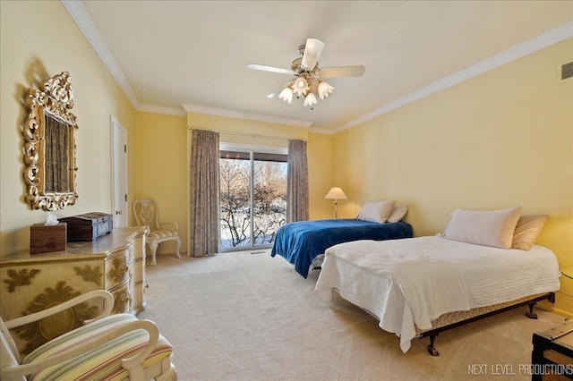 bedroom featuring ornamental molding, carpet, access to exterior, and visible vents