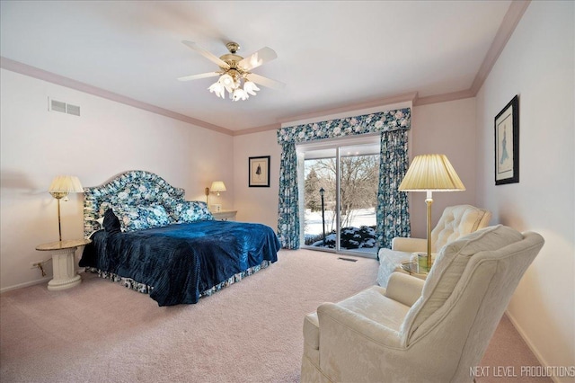 bedroom with visible vents, baseboards, ornamental molding, access to exterior, and carpet