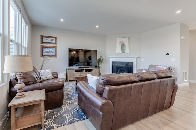 living room with light hardwood / wood-style flooring and a fireplace