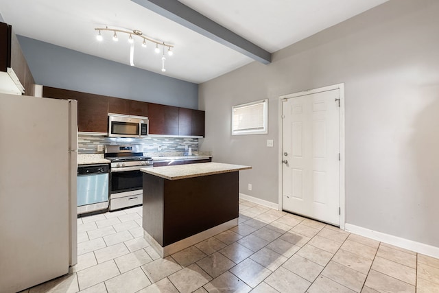 kitchen featuring a kitchen island, backsplash, stainless steel appliances, dark brown cabinets, and beam ceiling