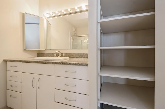 full bathroom with a stall shower and vanity