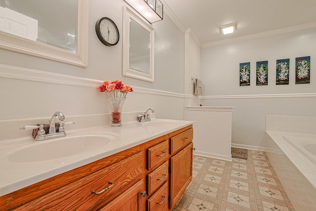 bathroom featuring vanity, a relaxing tiled tub, and ornamental molding