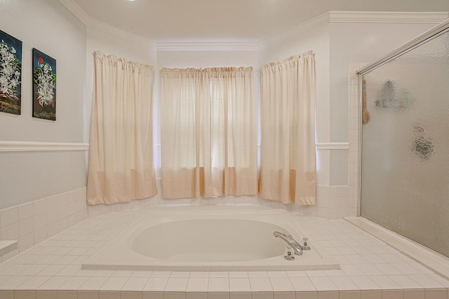 bathroom featuring crown molding and shower with separate bathtub