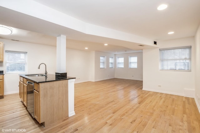 kitchen with sink, a wealth of natural light, light hardwood / wood-style floors, and a center island with sink