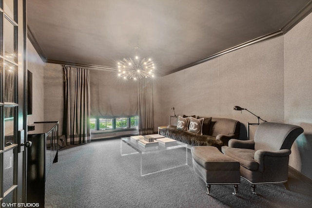 carpeted living room with ornamental molding and a notable chandelier