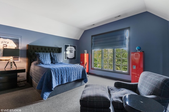 bedroom with lofted ceiling and carpet floors