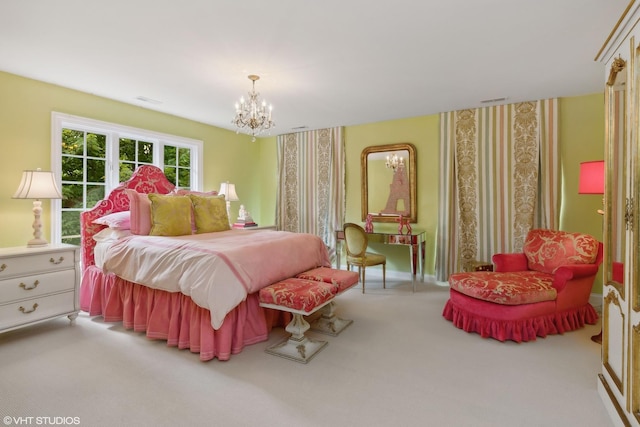 bedroom featuring an inviting chandelier and carpet