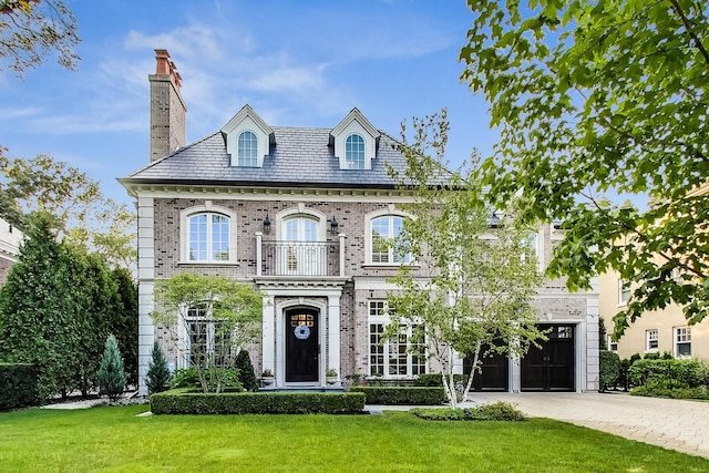 colonial-style house with a high end roof, decorative driveway, a chimney, and a front lawn