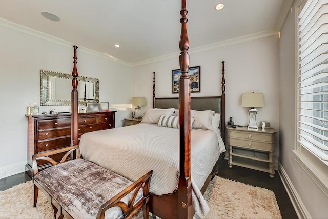 bedroom with baseboards, ornamental molding, wood finished floors, and recessed lighting