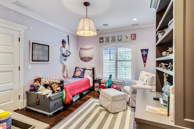 bedroom featuring recessed lighting, visible vents, crown molding, and wood finished floors