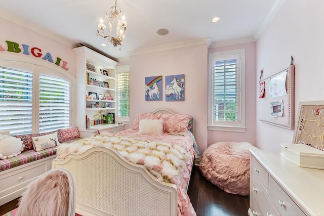 bedroom with a notable chandelier, recessed lighting, crown molding, and wood finished floors