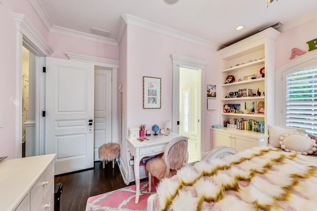 bedroom featuring dark wood-style floors, recessed lighting, and crown molding