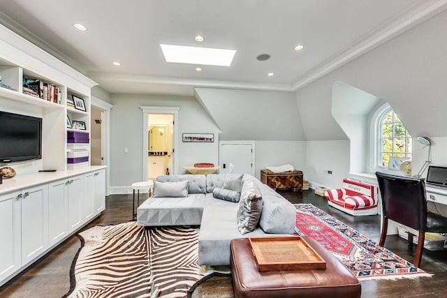 living room with baseboards, lofted ceiling with skylight, dark wood-style flooring, and recessed lighting