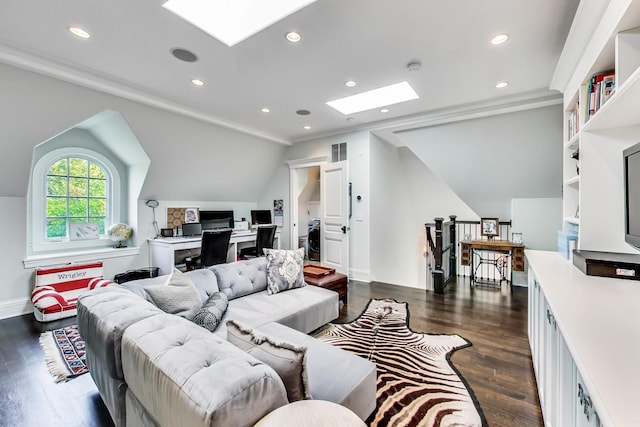 living room with crown molding, vaulted ceiling with skylight, dark wood-style flooring, and recessed lighting