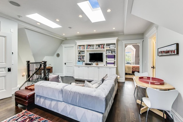 living area with vaulted ceiling with skylight, baseboards, ornamental molding, dark wood-style flooring, and recessed lighting