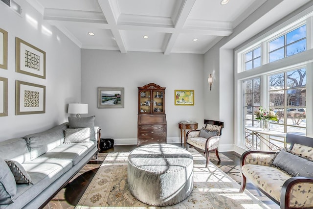 living area with beam ceiling, visible vents, light wood-style floors, coffered ceiling, and baseboards