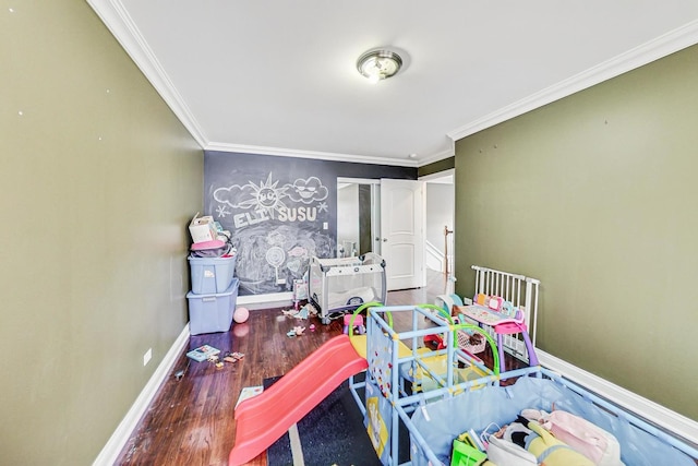 bedroom featuring crown molding and wood-type flooring