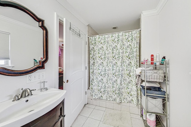 bathroom with tile patterned flooring, vanity, a shower with curtain, and ornamental molding