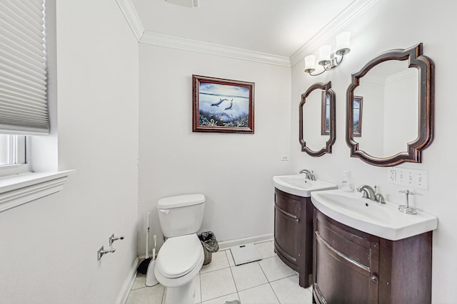 bathroom with tile patterned flooring, vanity, crown molding, and toilet