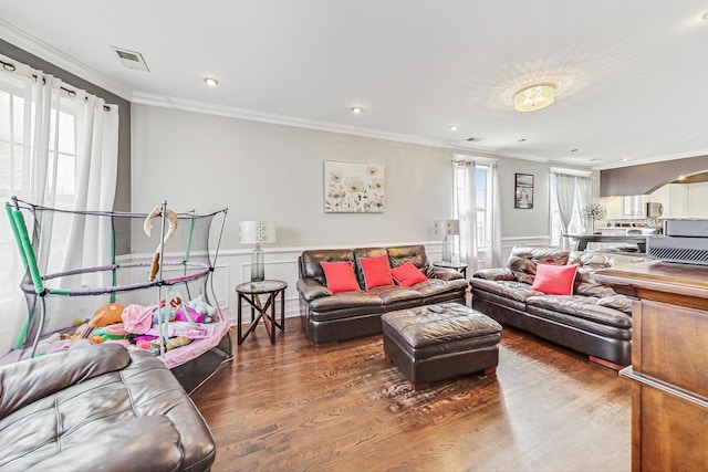 living room with ornamental molding and dark hardwood / wood-style flooring