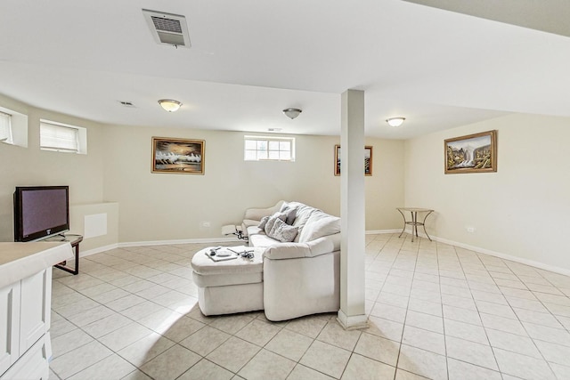 living room featuring light tile patterned floors