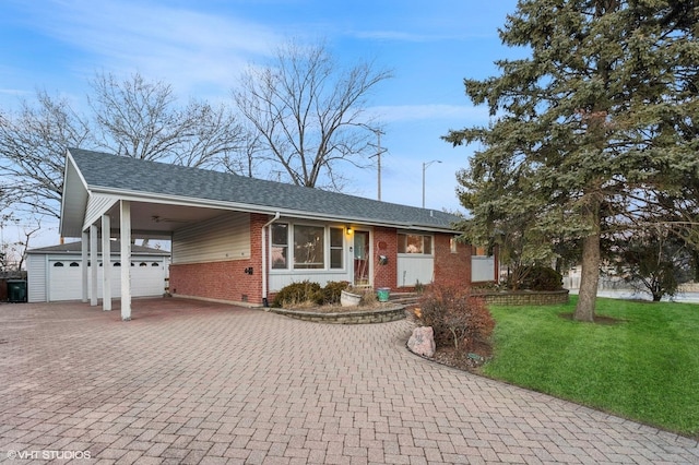 ranch-style house featuring brick siding, a shingled roof, decorative driveway, a carport, and a front yard