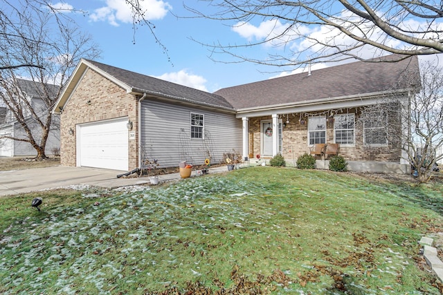 single story home with brick siding, roof with shingles, a garage, driveway, and a front lawn