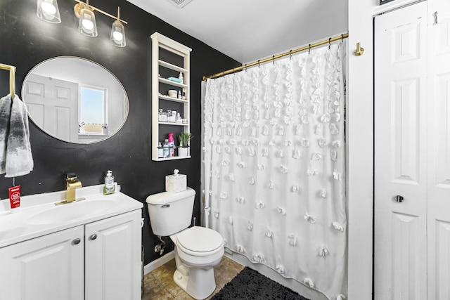 full bath featuring vanity, a shower with shower curtain, tile patterned flooring, and toilet